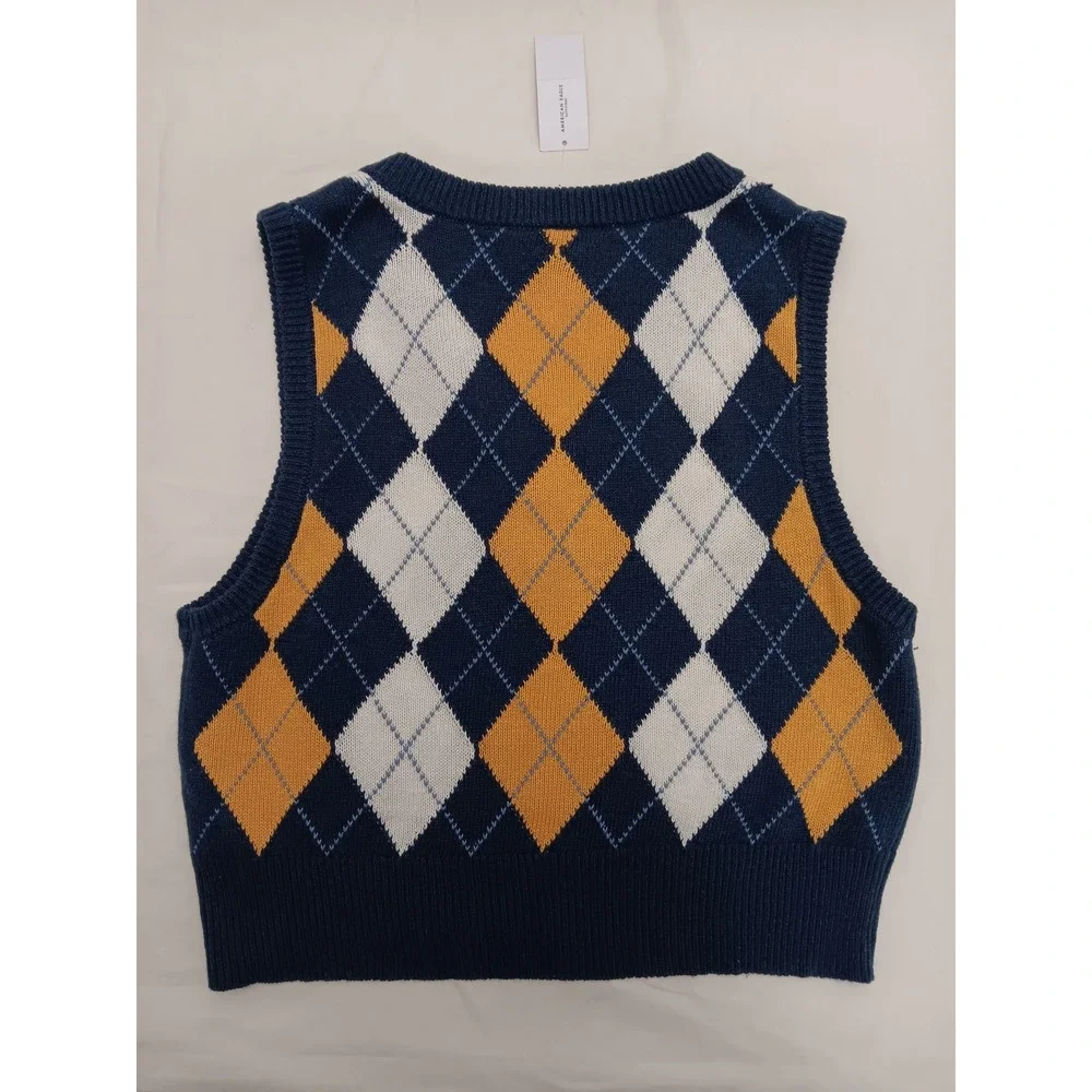 American Eagle Outfitters Argyle Sweater Vest Navy Blue Yellow White Women's M - Picture 9 of 9